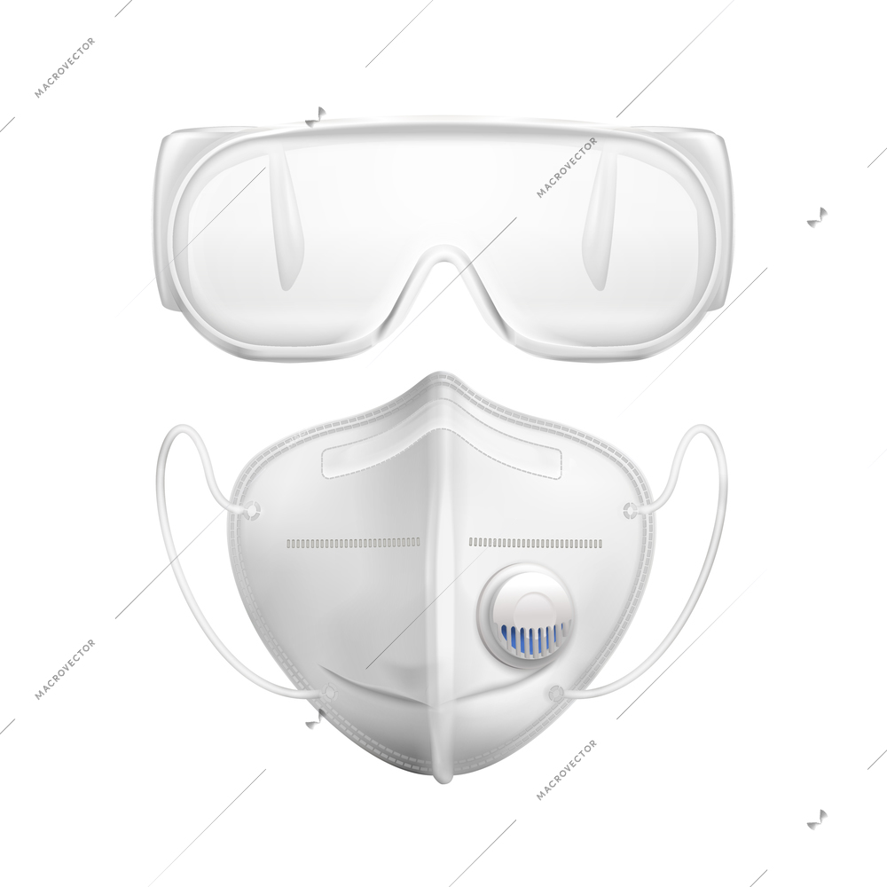 White individual protective medial mask glasses to protect against viruses realistic and isolated icon set vector illustration
