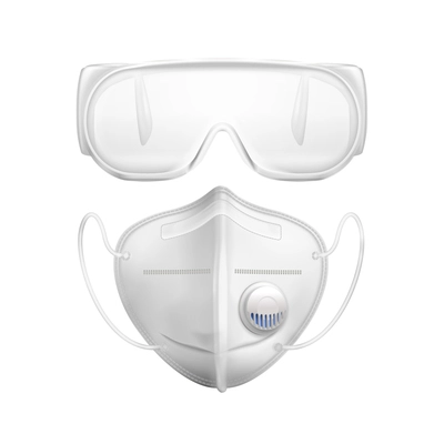 White individual protective medial mask glasses to protect against viruses realistic and isolated icon set vector illustration