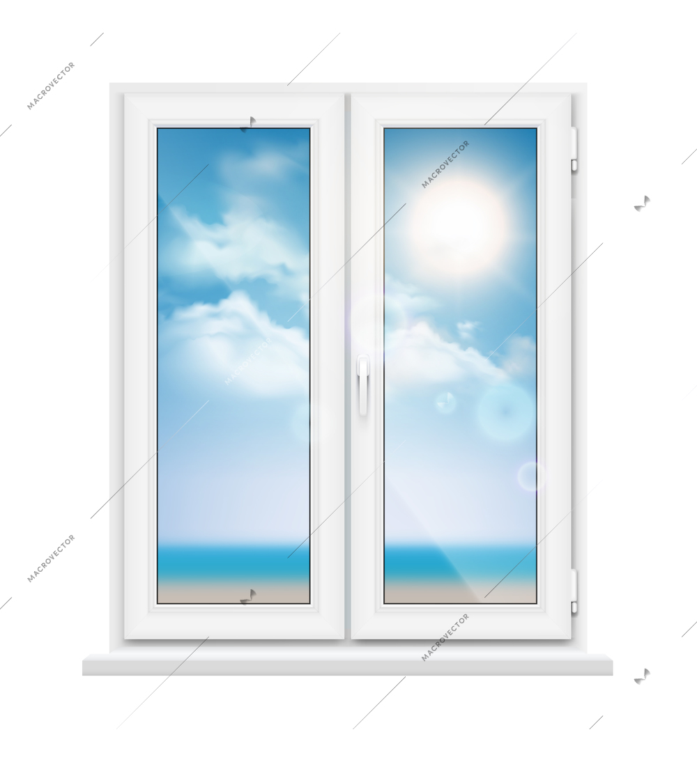 Window landscape realistic composition view from the window to street on sky and clouds vector illustration