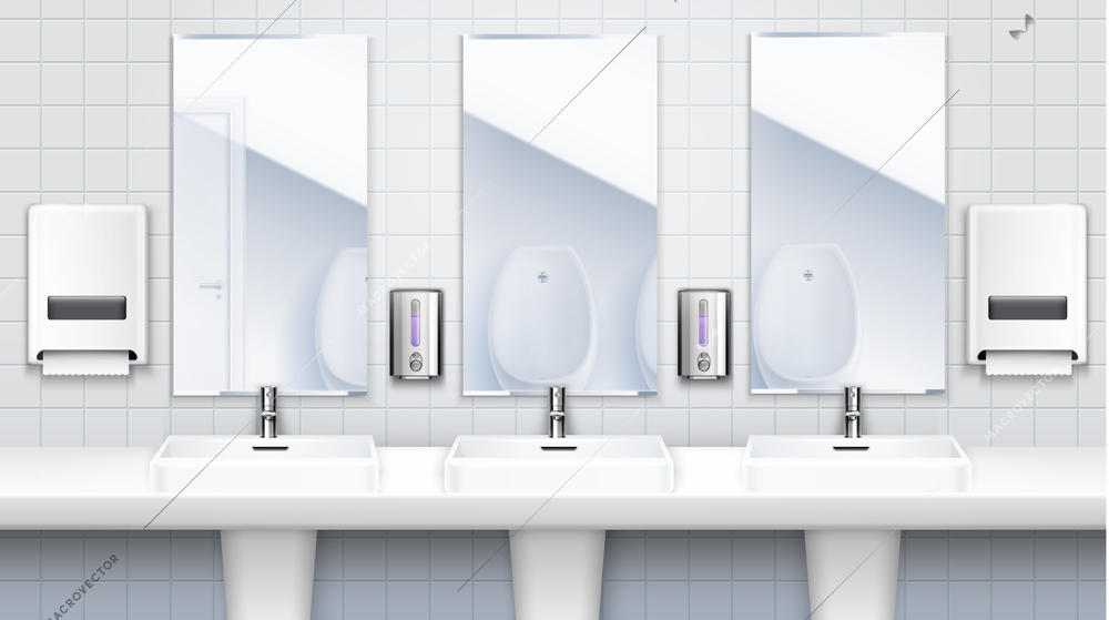 Public toilet interior concept with three three washbasins with mirrors and washing products vector illustration