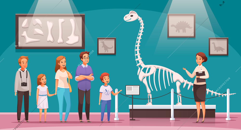 Dinosaurs cartoon composition with view of exhibition hall with dinosaur skeleton bones and characters of visitors vector illustration