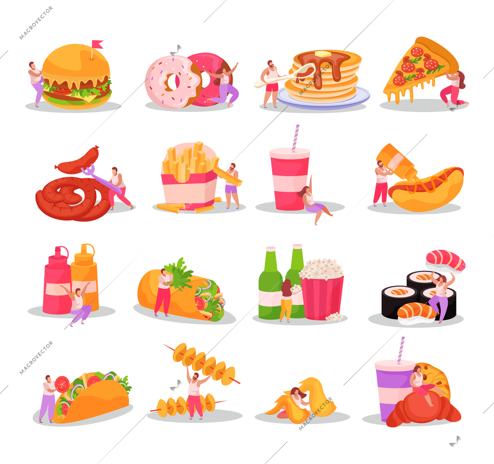 Flat design icons set with overweight people and various fast food isolated on white background vector illustration