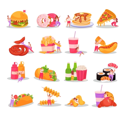 Flat design icons set with overweight people and various fast food isolated on white background vector illustration