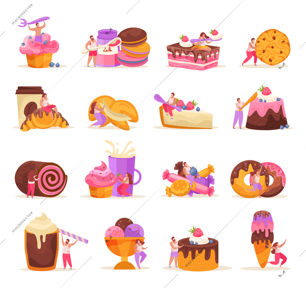 Sweets cakes and people icons set with bakery symbols flat isolated vector illustration