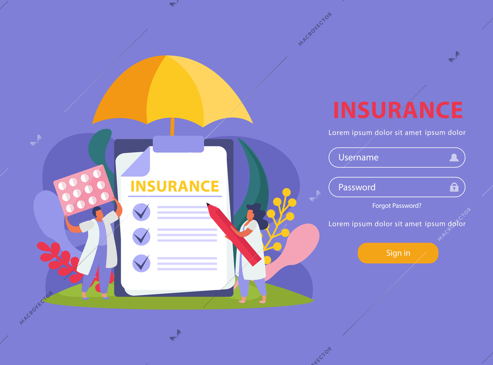 Health insurance website with healthcare and treatment symbols flat vector illustration