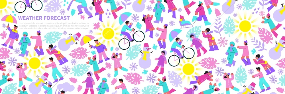 Flat seamless pattern with people outdoors and weather in different seasons vector illustration