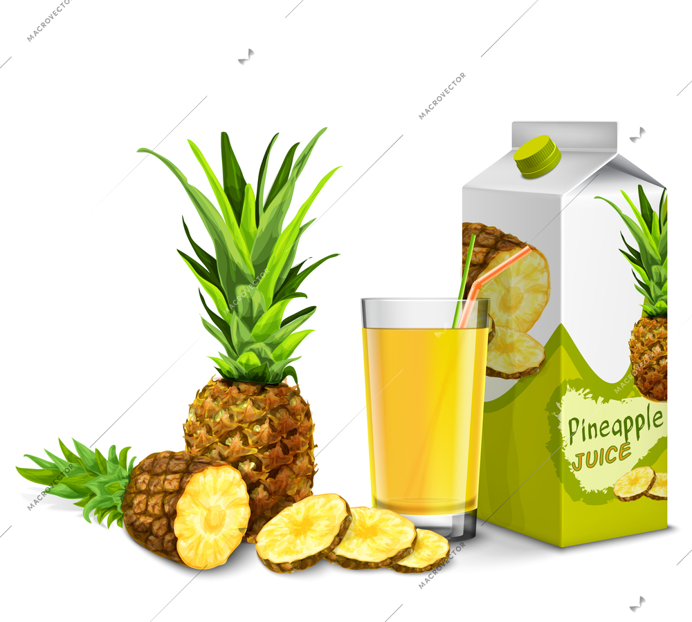 Realistic pineapple juice glass with cocktail straw and paper pack isolated on white background vector illustration