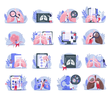 Flat icons set with medical equipment for lung inspection and doctors isolated vector illustration