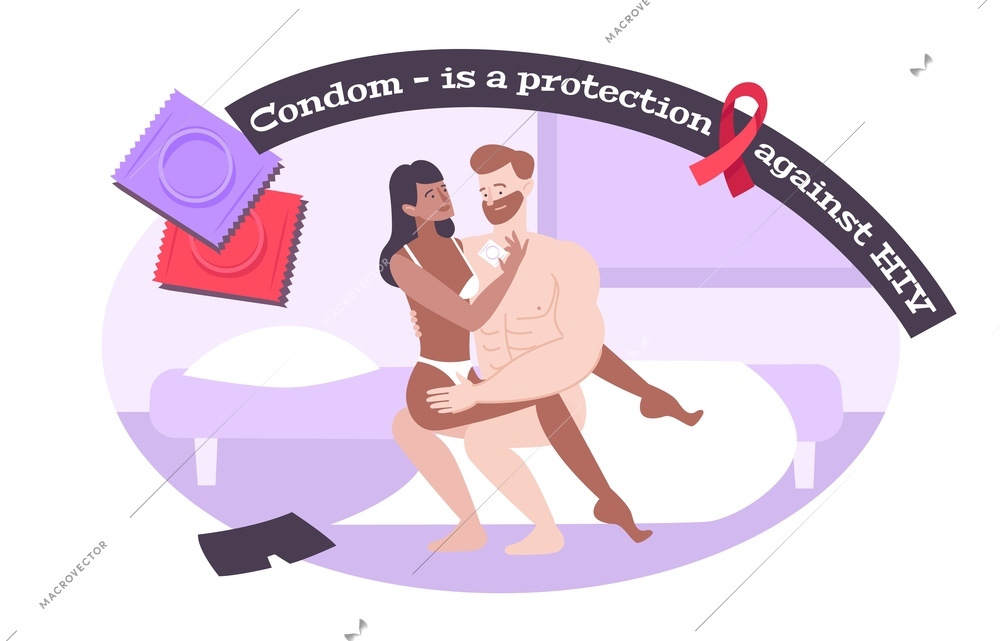 Hiv aids protection condom flat composition with human characters of couple in bed with editable text vector illustration