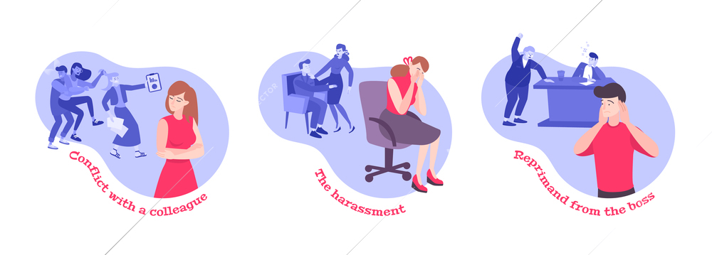 Work conflict flat set of isolated round compositions with text and human characters under harassment reprimand vector illustration