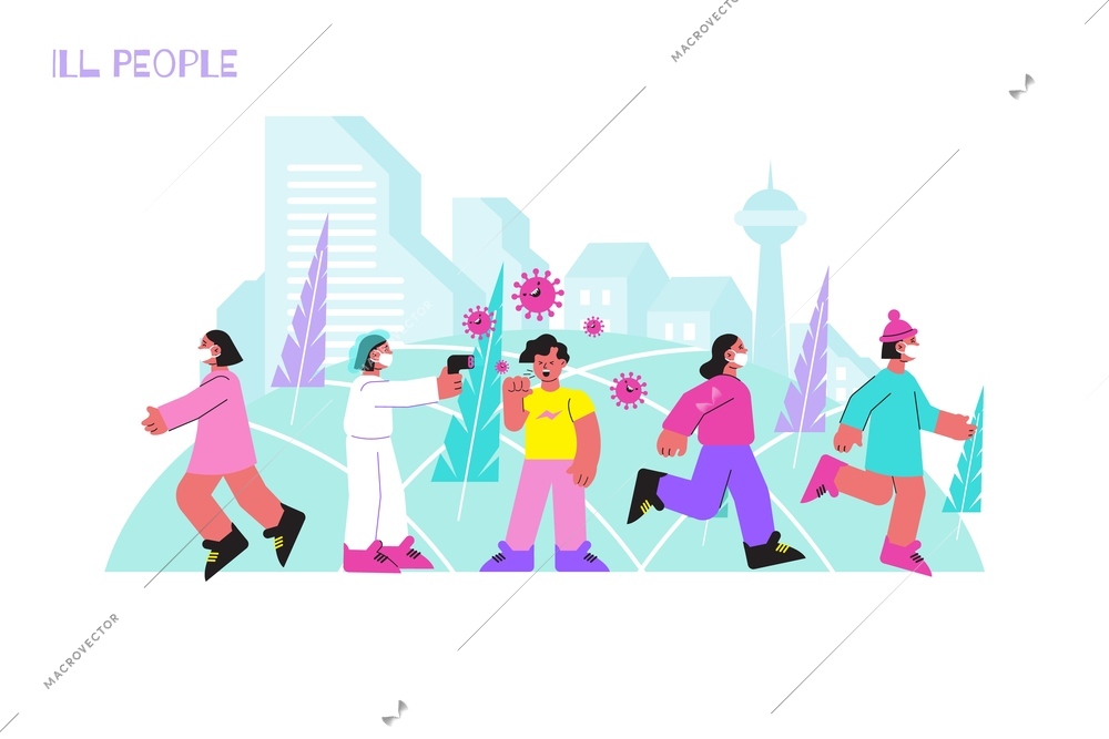 Ill people coronavirus flat composition with outdoor scenery and human characters running away from infected person vector illustration