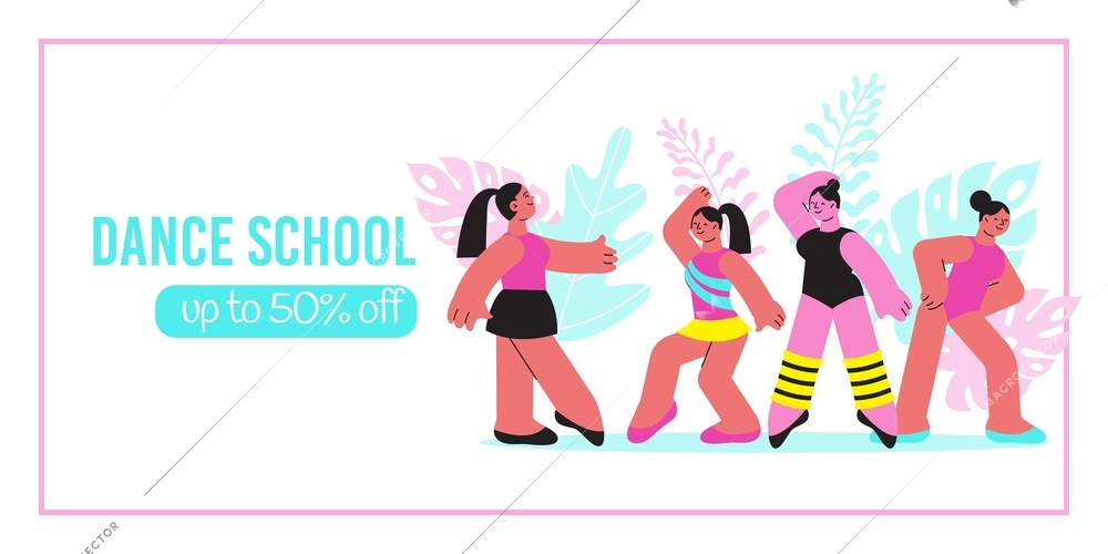 Dance school banner with cartoon female characters of teacher and pupils vector illustration