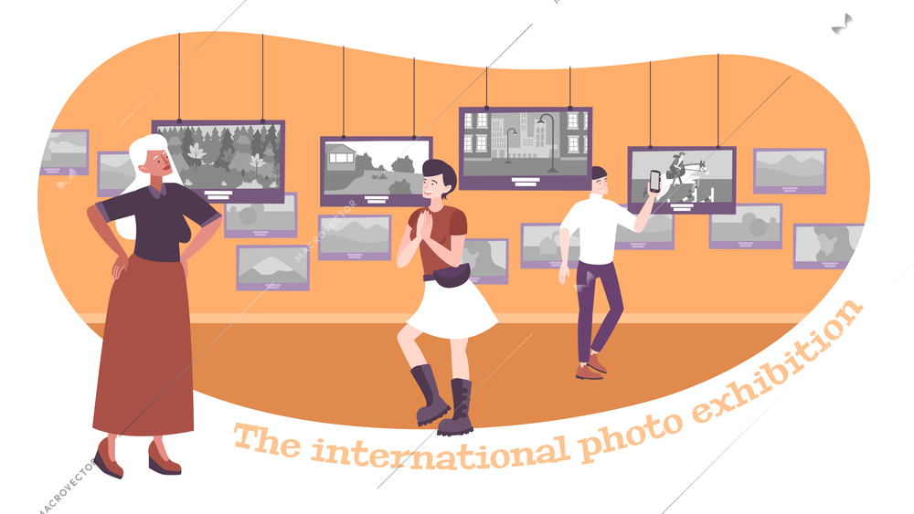 International photo exhibition horizontal composition with flat human characters of photo show visitors and hanging frames vector illustration