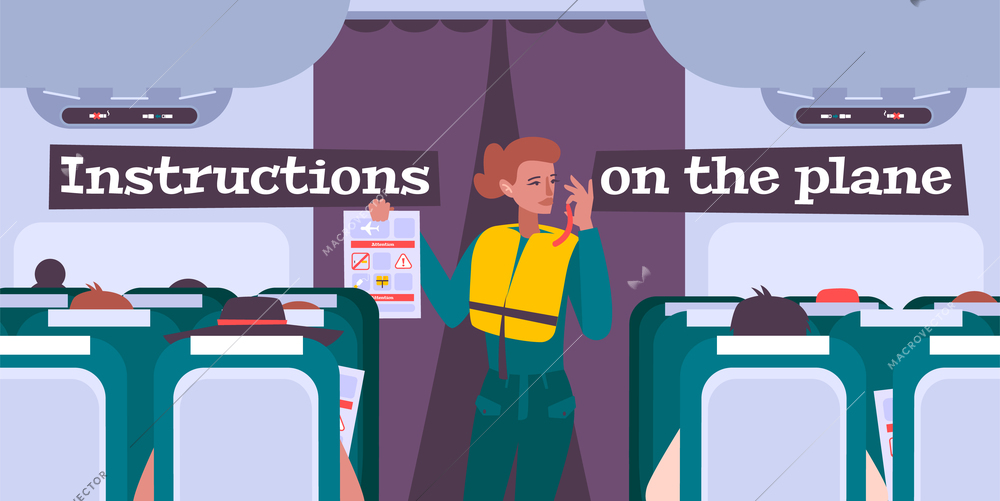 Airplane briefing flat background with female flight attendant giving safety rules instructions to passengers vector illustration