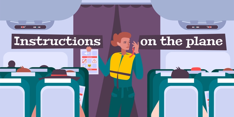 Airplane briefing flat background with female flight attendant giving safety rules instructions to passengers vector illustration