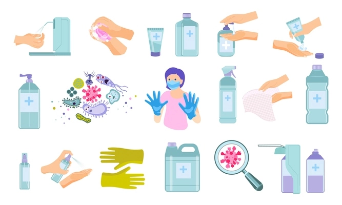 Hand hygiene flat icons collection with disinfection product images bacteria microbes and protecting gloves with hands vector illustration