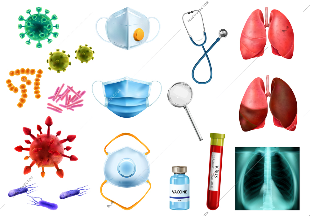 Realistic world pneumonia day icon set with bacteria masks vaccine virus test tube lungs vector illustration