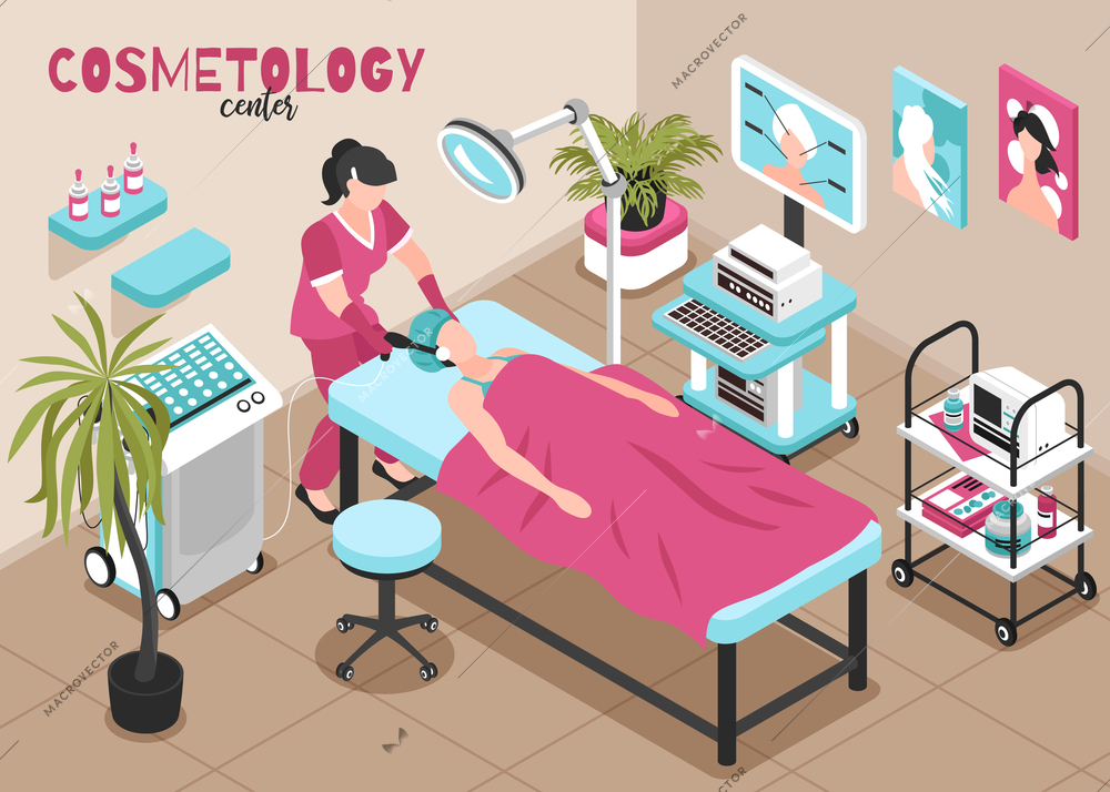 Isometric cosmetologist composition with indoor view of cosmetology clinic room with patient and medical specialist characters vector illustration