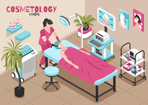 Isometric cosmetologist composition with indoor view of cosmetology clinic room with patient and medical specialist characters vector illustration