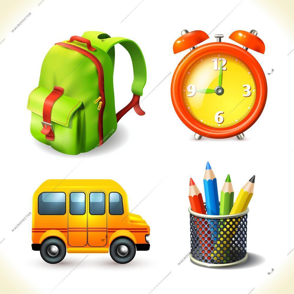 Realistic school supplies education icons set of backpack bus pencil alarm clock isolated vector illustration