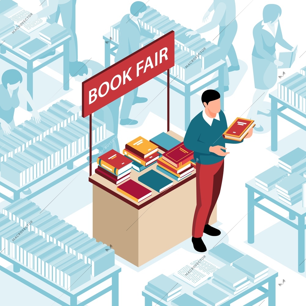 Man next to stand with books at literature exhibition 3d isometric vector illustration