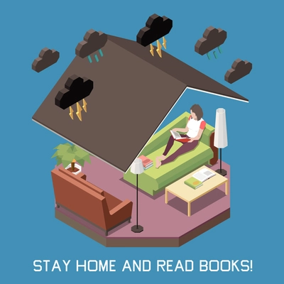 Stay at home and read books concept with house interior isometric  vector illustration