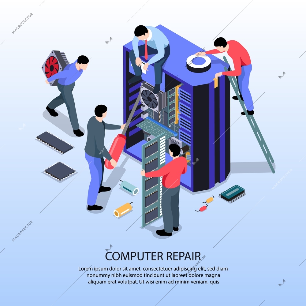 Isometric composition with specialists from computer repair service 3d vector illustration