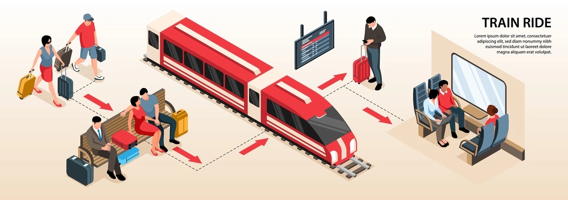 Isometric infographics with train and people waiting at railway station 3d vector illustration