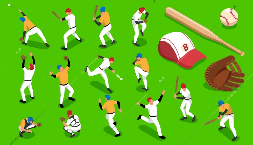 Isometric icons set with baseball teams and sports outfit isolated on green background 3d vector illustration