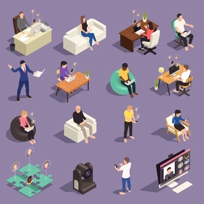 Online virtual team building isometric set of isolated icons pictograms and human characters of remote workers vector illustration