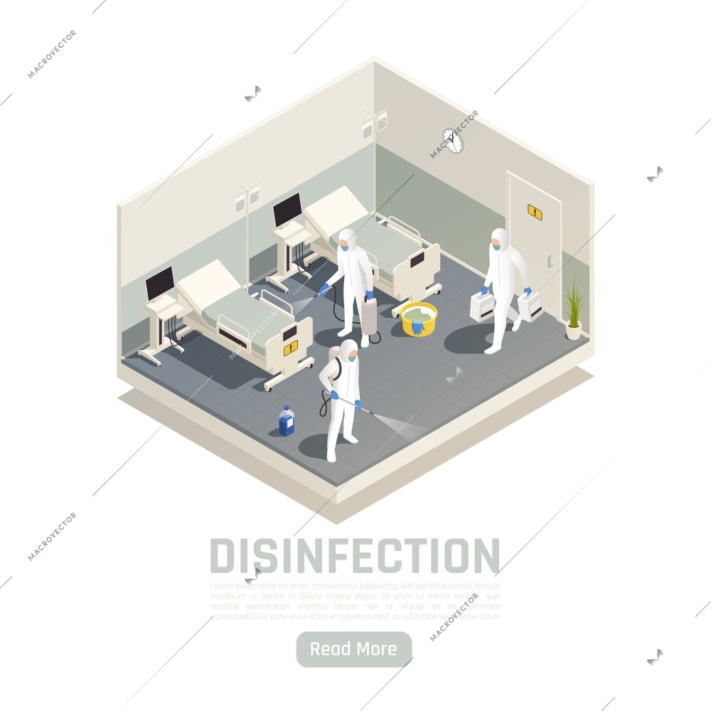 Sanitizing isometric background with indoor view of hospital room with team of disinfectors cleaning up space vector illustration