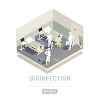 Sanitizing isometric background with indoor view of hospital room with team of disinfectors cleaning up space vector illustration