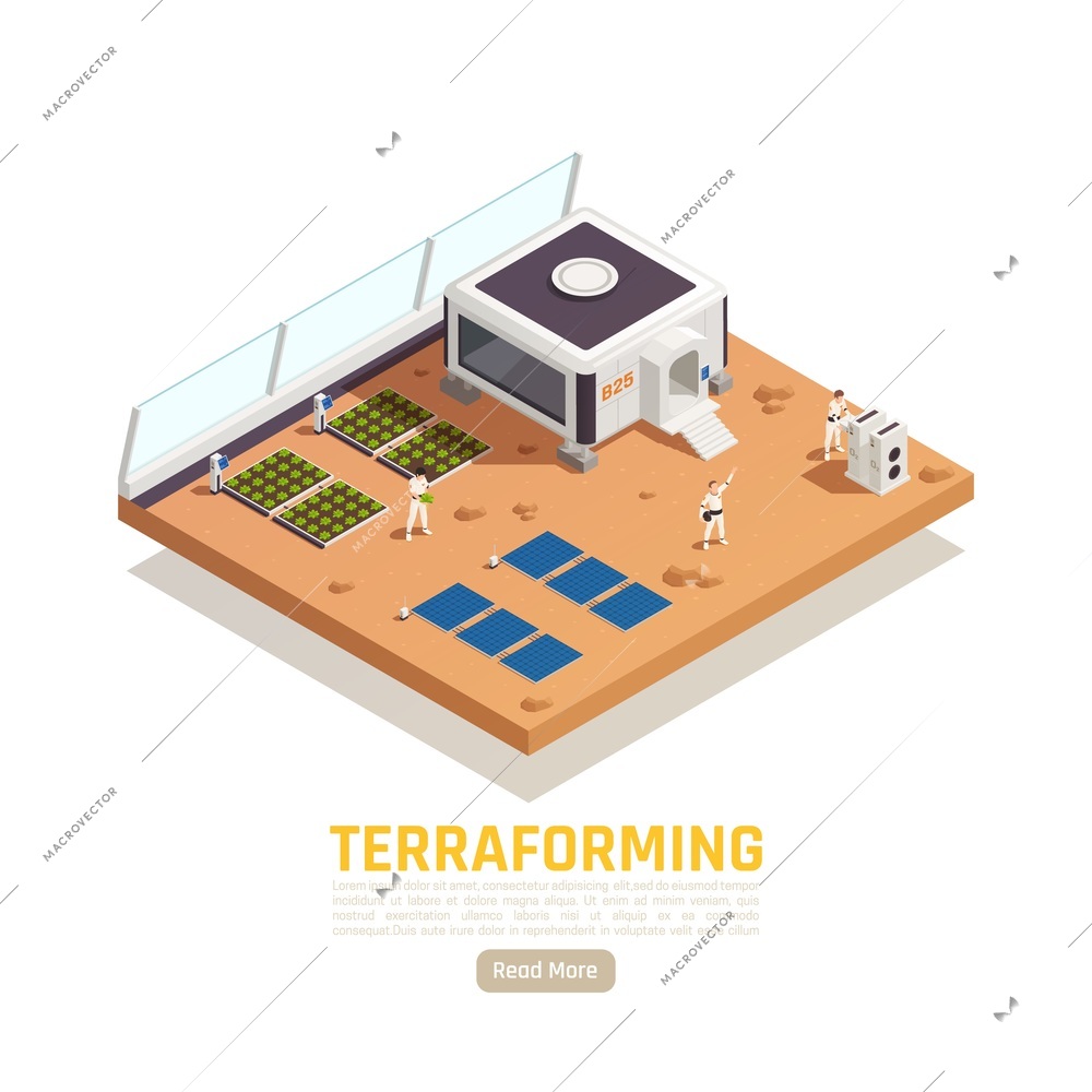 Space colonization terraforming isometric background with people and garden beds with solar batteries and living module vector illustration