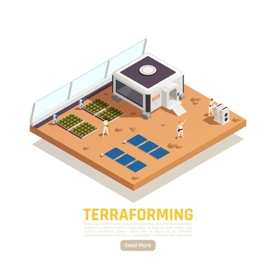 Space colonization terraforming isometric background with people and garden beds with solar batteries and living module vector illustration