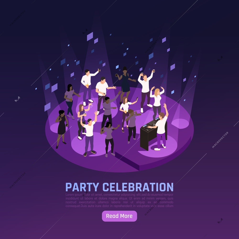 Party celebration isometric background with human characters in dancefloor spot lights with button and editable text vector illustration