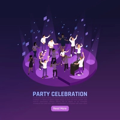 Party celebration isometric background with human characters in dancefloor spot lights with button and editable text vector illustration