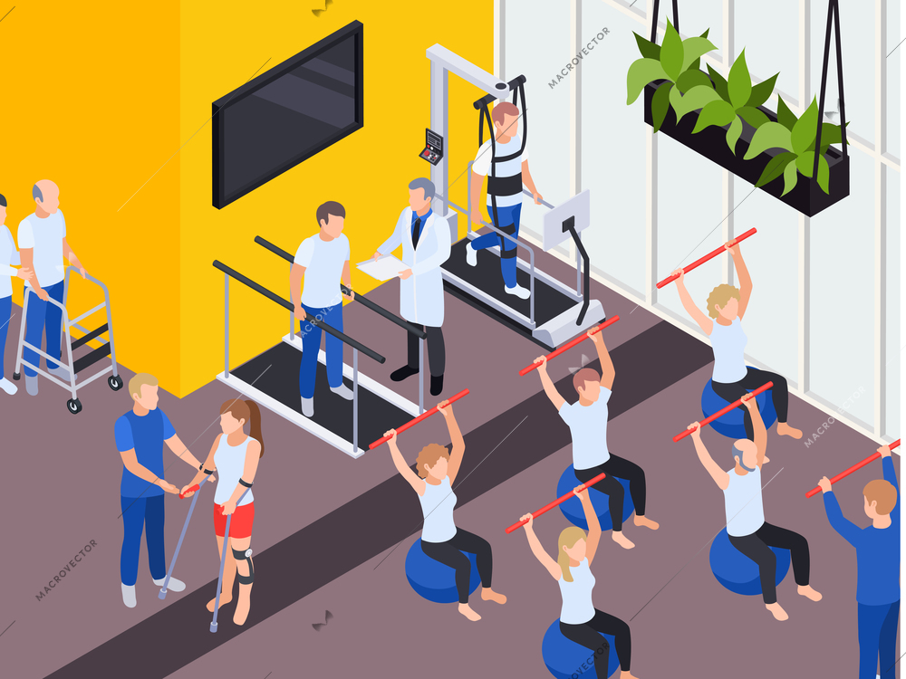 Individual and group functional rehabilitation exercise programs physiotherapy treatment session medical center interior isometric composition vector illustration