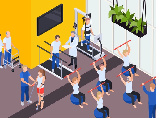 Individual and group functional rehabilitation exercise programs physiotherapy treatment session medical center interior isometric composition vector illustration