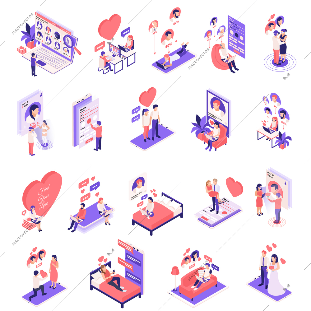 Online dating app choosing matching chatting virtual relationship invitation love isometric icons set vector illustration