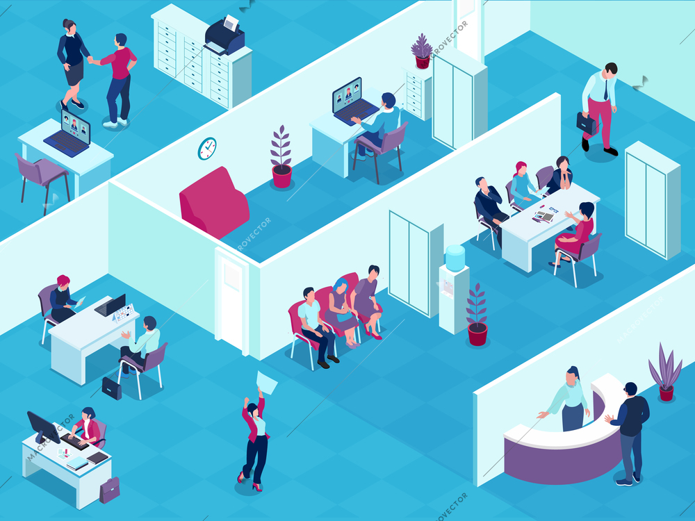 Recruitment agency interior isometric view with reception desk selected applicants waiting for interview employment contract vector illustration