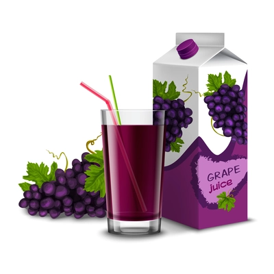 Realistic juice glass with cocktail straw grape branch and pack isolated on white background vector illustration