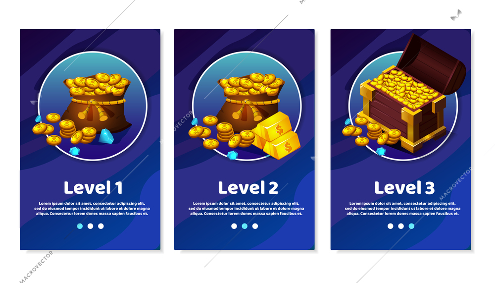 Find treasure cartoon vertical banners set with levels symbols isolated vector illustration