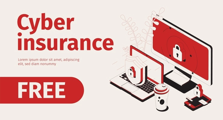 Cyber insurance horizontal banner with isometric images of protected computers locks workspace elements and editable text vector illustration