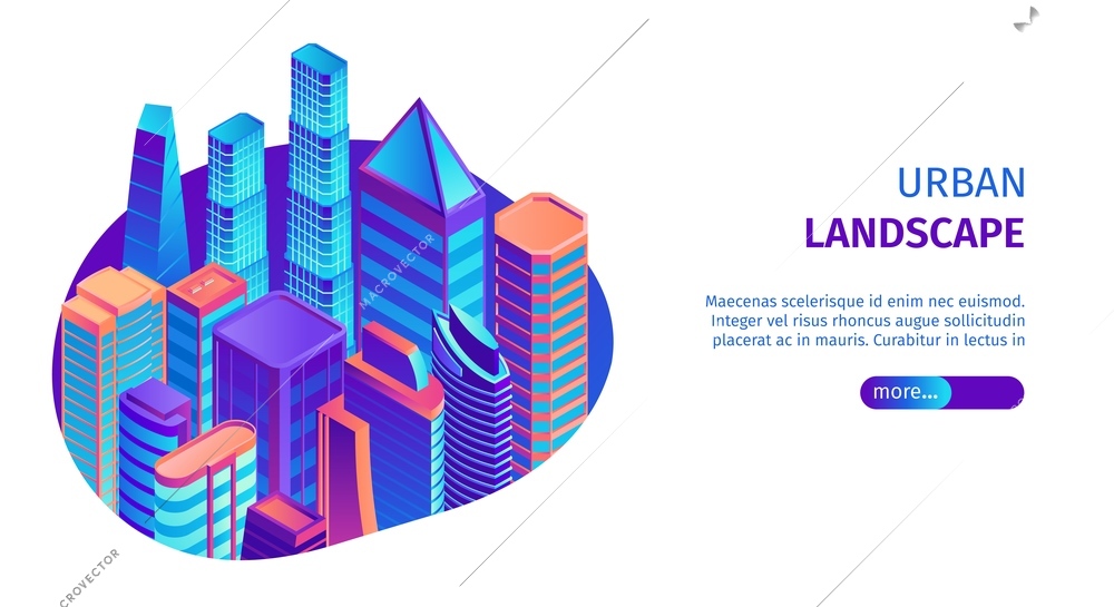 Isometric city night horizontal banner with tall buildings block circle composition editable text and more button vector illustration