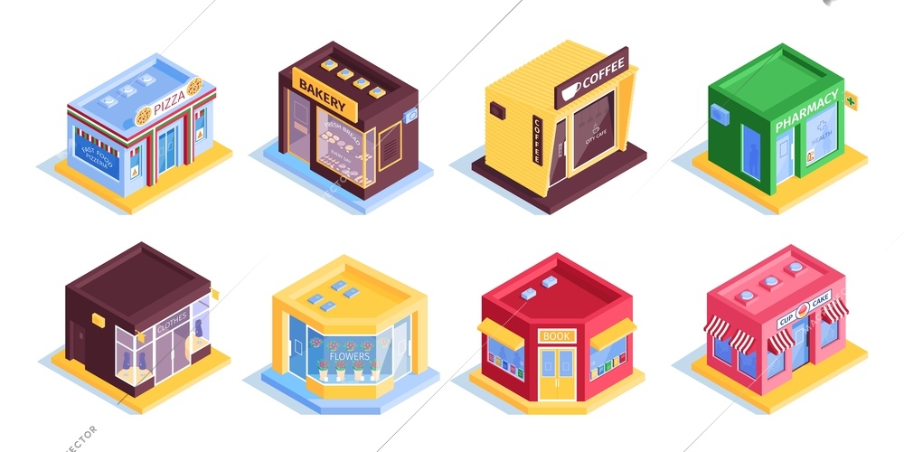 Isometric shops color set with eight isolated images of modern houses store buildings on blank background vector illustration