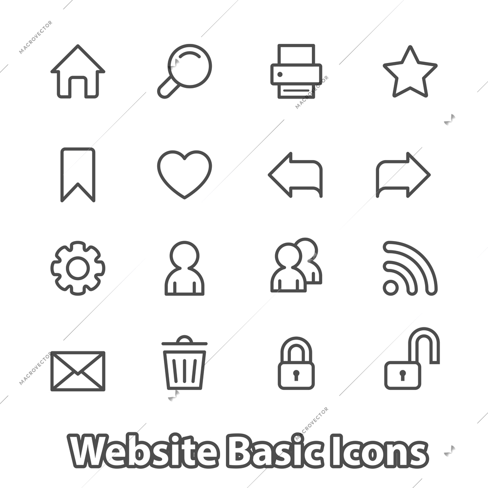 Basic set of website icons for navigation, contour flat isolated vector illustration