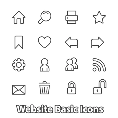 Basic set of website icons for navigation, contour flat isolated vector illustration