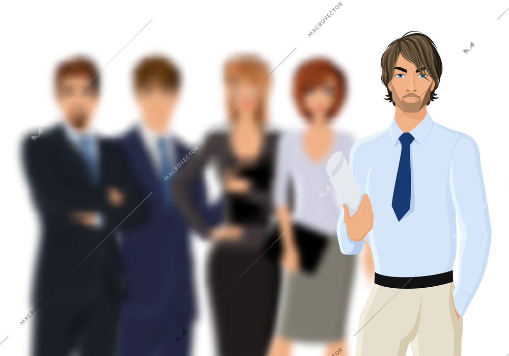 Portrait of young businessman in suit with blured business team vector illustration