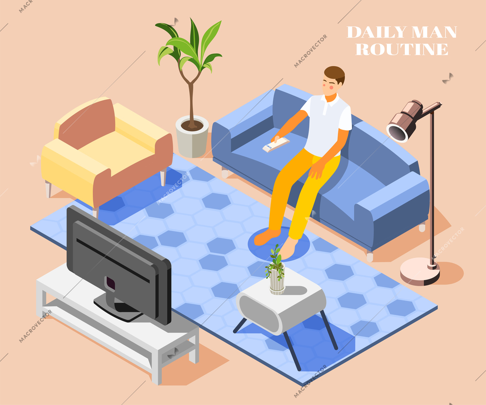 Daily routine background with man watching tv on sofa at home 3d vector illustration