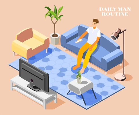 Daily routine background with man watching tv on sofa at home 3d vector illustration